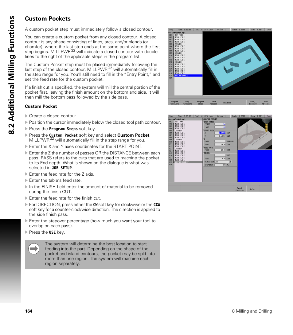 Custom pockets, Custom pocket, 2 a d ditional milling f unctions | ACU-RITE MILLPWRG2 User Manual | Page 182 / 214