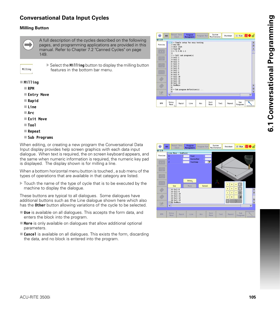 Conversational data input cycles, Milling button, 1 con v ersational pr ogr a mming | ACU-RITE CNC 3500i User Manual | Page 131 / 474