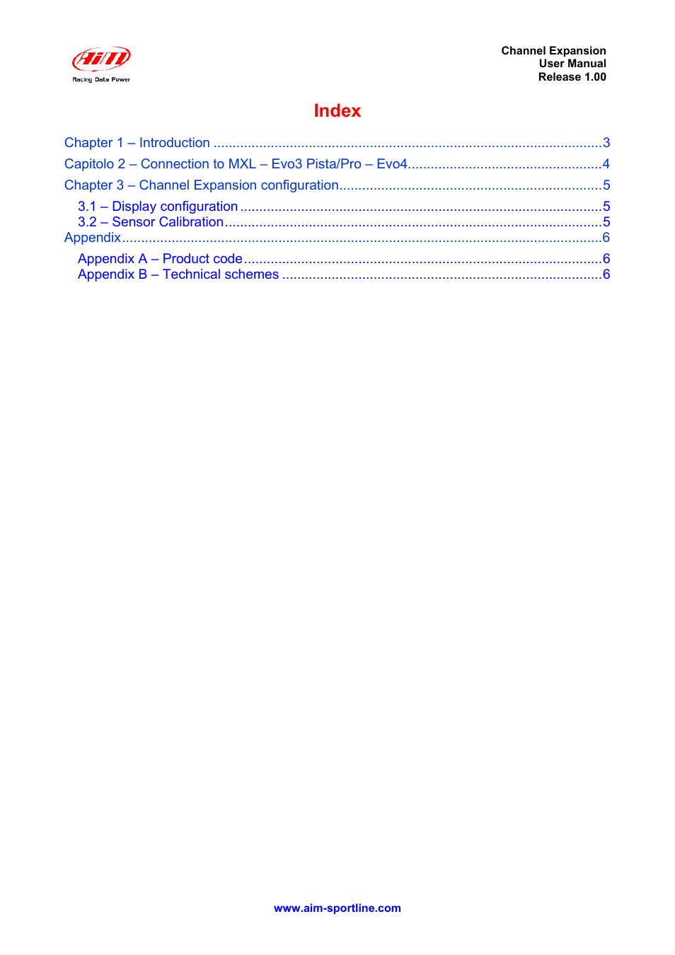 Index | AiM Channel Expansion User Manual | Page 2 / 7