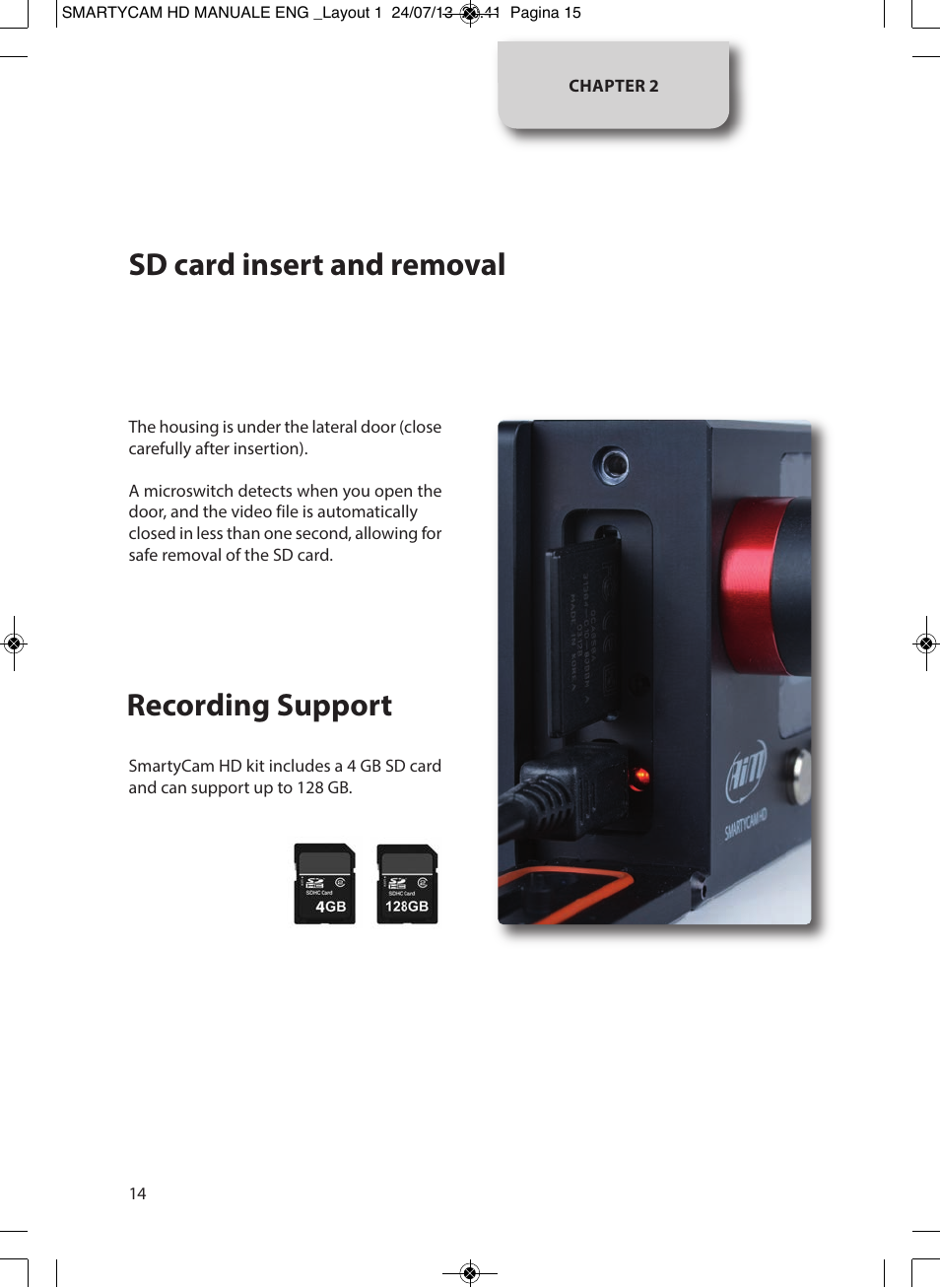Sd card insert and removal, Recording support | AiM SmartyCam GP HD ver 1.00 User Manual | Page 14 / 48
