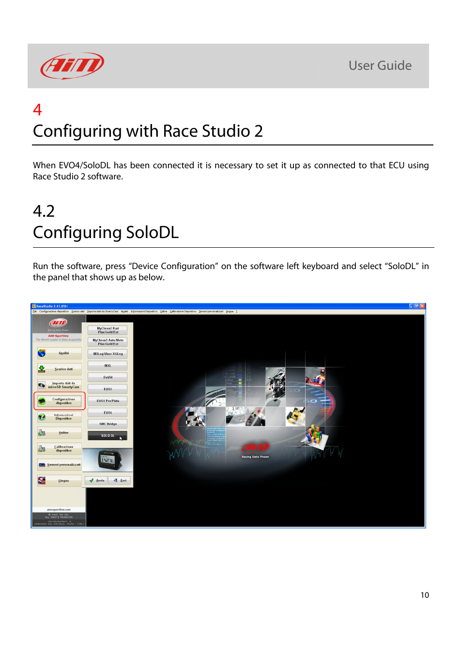 4configuring with race studio 2, 2 configuring solodl | AiM Kit for SoloDL on BMW S 1000 RR User Manual | Page 11 / 15