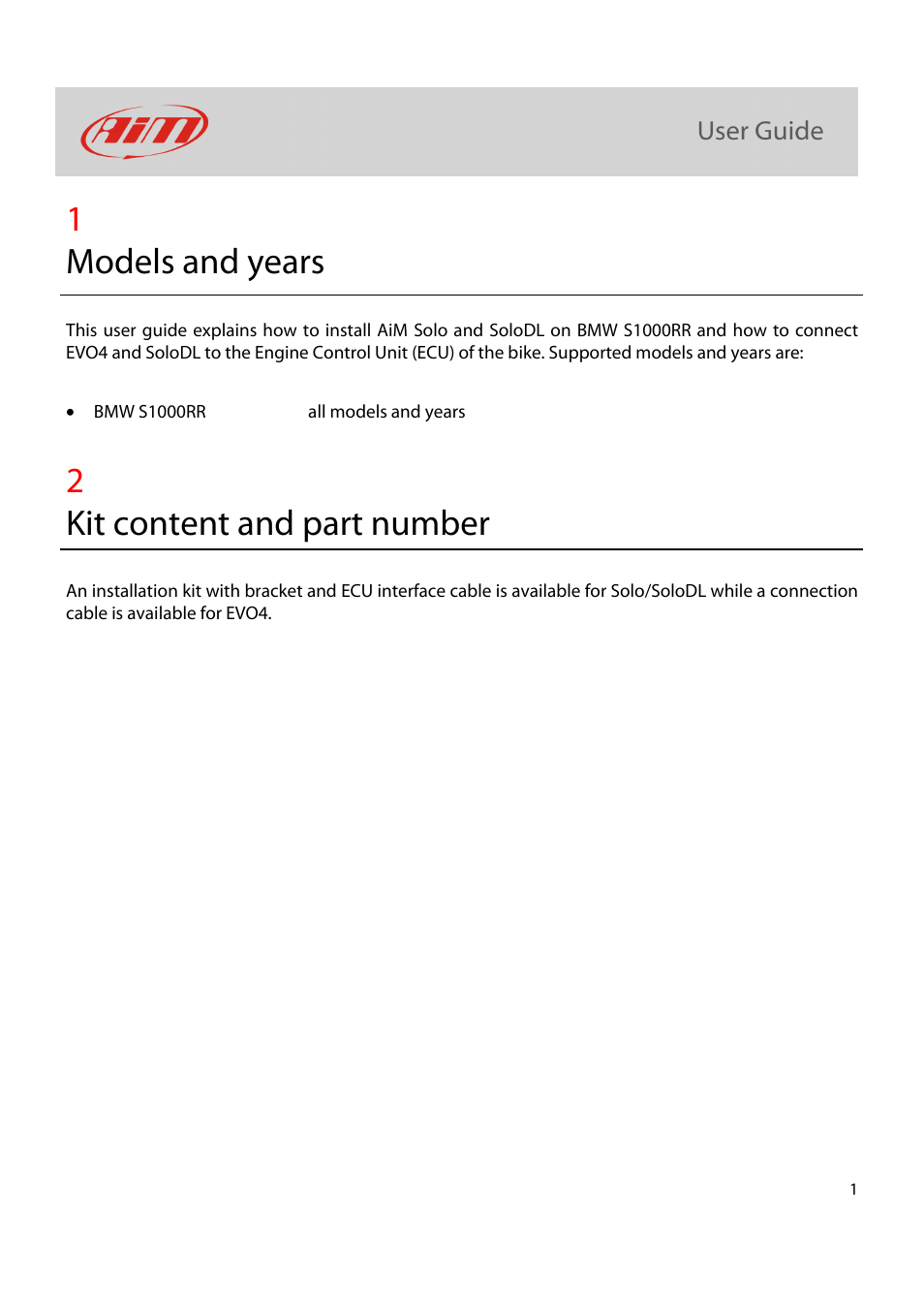 1models and years, 2kit content and part number | AiM Kit for SoloDL on BMW S 1000 RR User Manual | Page 2 / 15