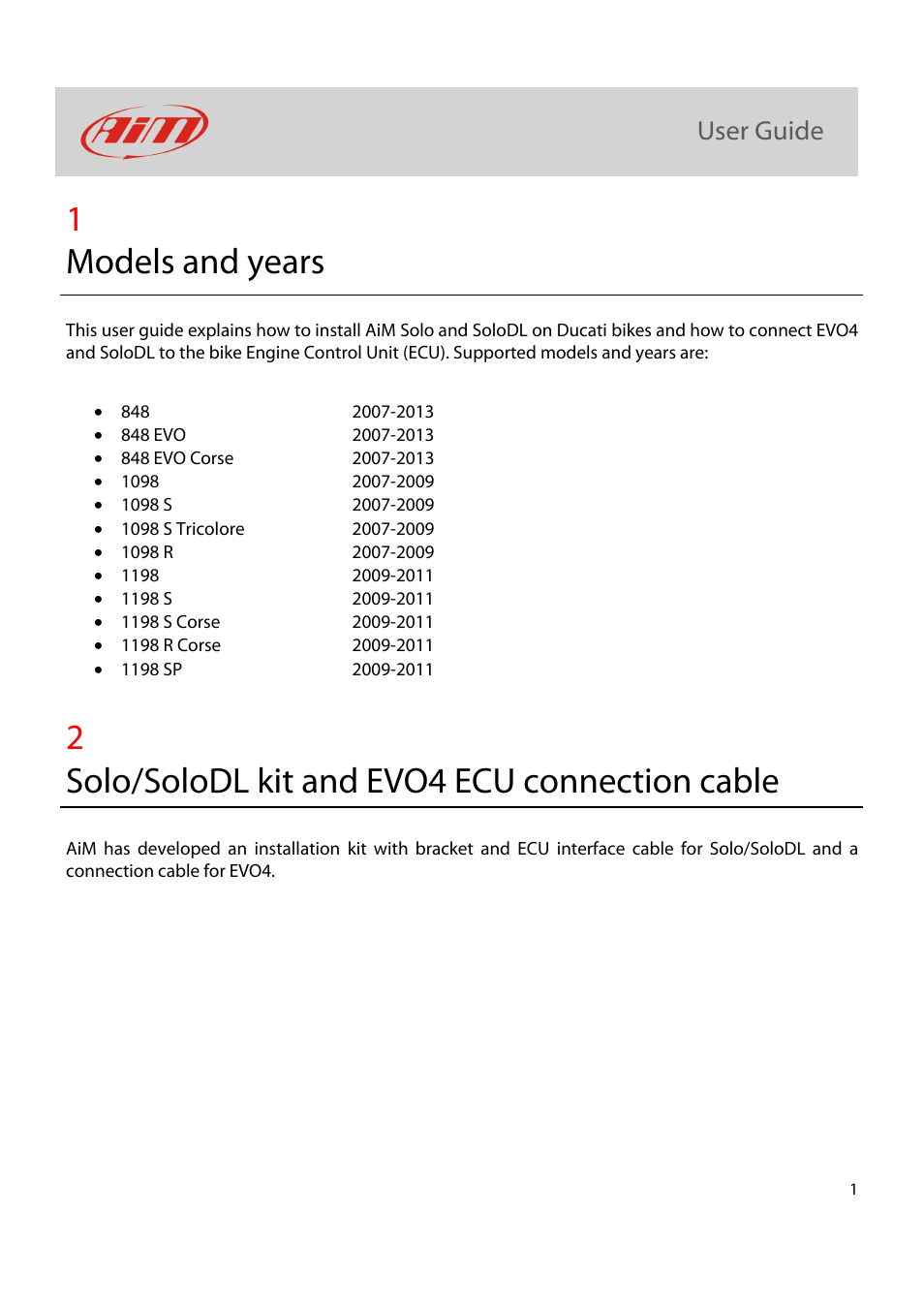 1models and years, 2solo/solodl kit and evo4 ecu connection cable | AiM Kit for SoloDL on Ducati User Manual | Page 2 / 16