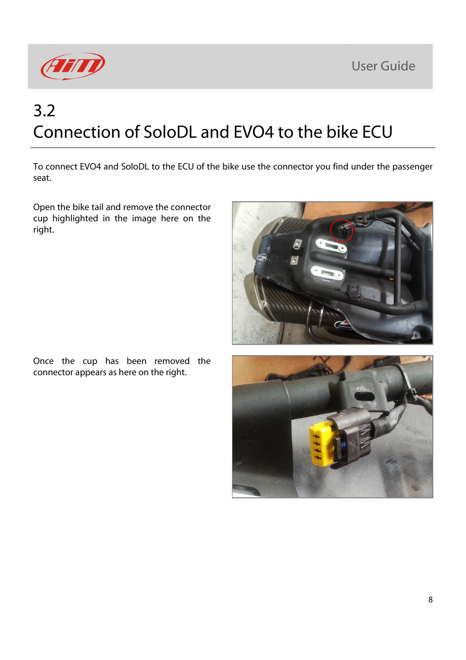 2 connection of solodl and evo4 to the bike ecu | AiM Kit for SoloDL on Ducati User Manual | Page 9 / 16