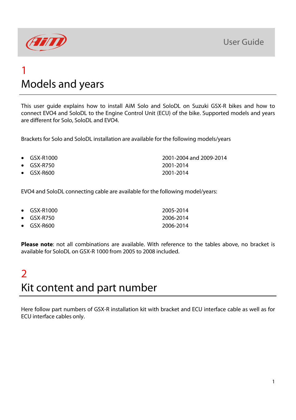 1models and years, 2kit content and part number | AiM Kit for SoloDL on Suzuki GSX-R User Manual | Page 2 / 18