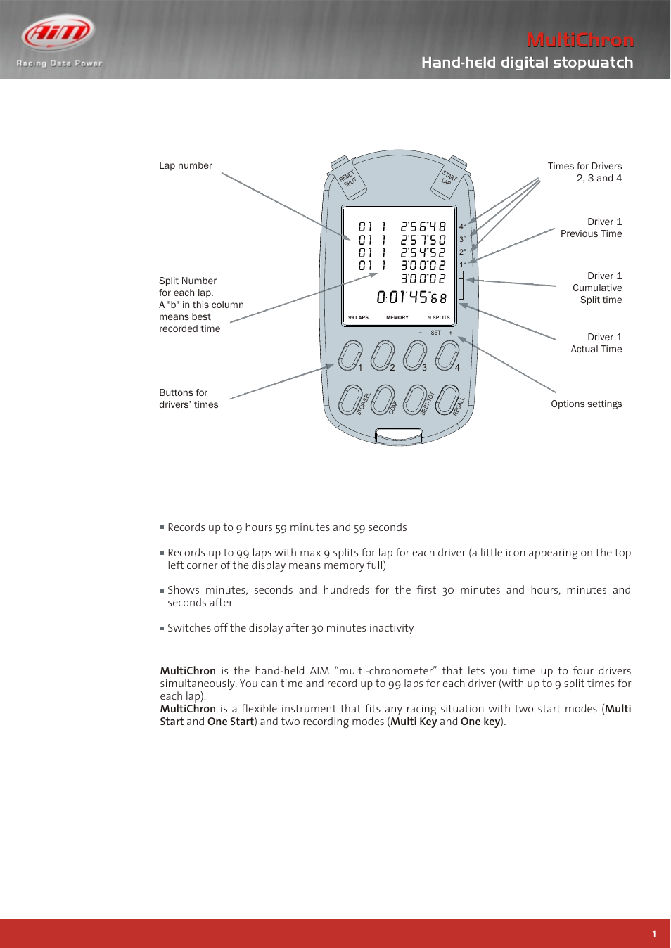 Pag. 1, Multichron, Hand-held digital stopwatch | AiM MultiChron User Manual | Page 2 / 4