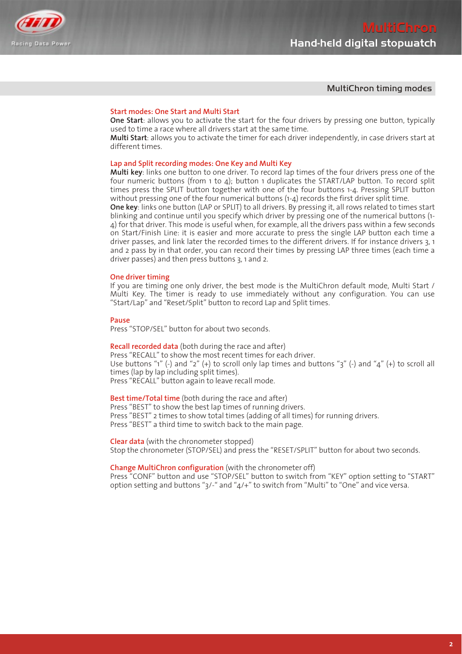 Pag. 2, Multichron, Hand-held digital stopwatch | AiM MultiChron User Manual | Page 3 / 4