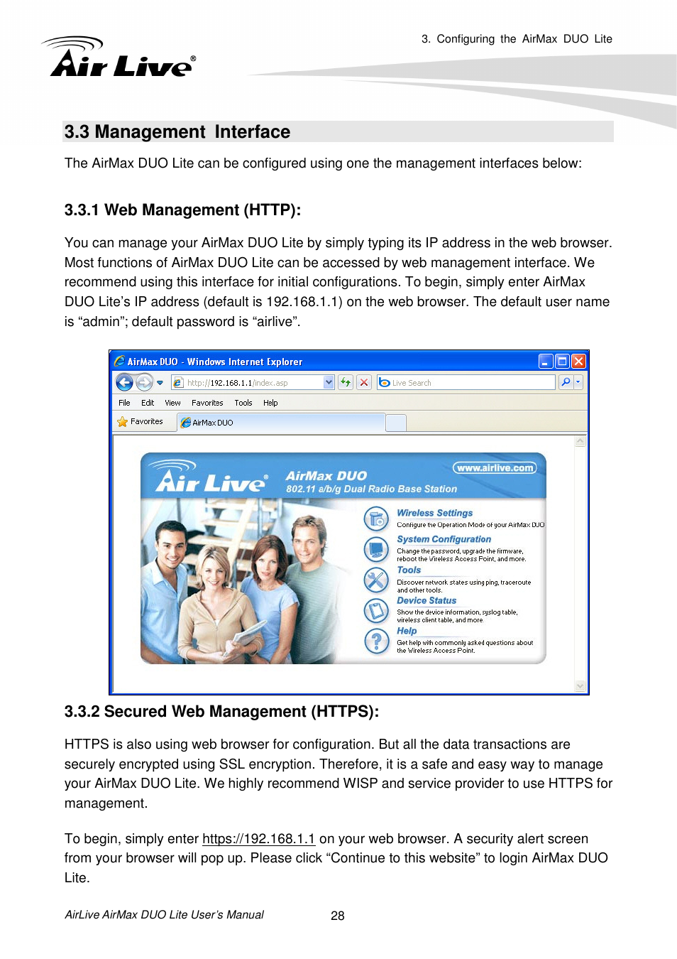 3 management interface, 1 web management (http), 2 secured web management (https) | AirLive AirMax DUO Lite User Manual | Page 36 / 207