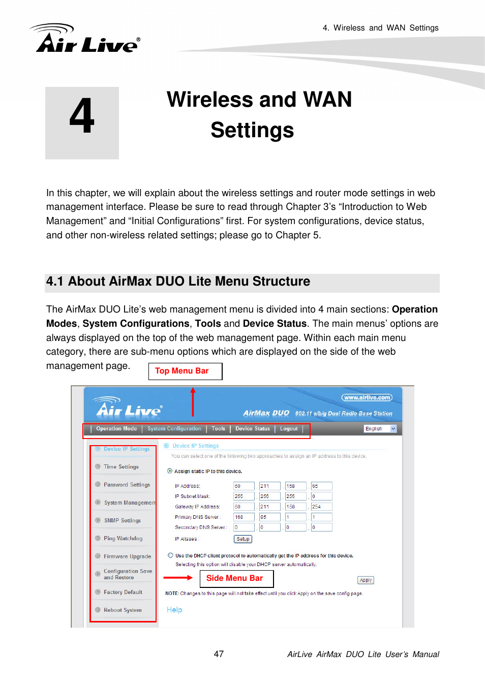 Wireless and wansettings, 1 about airmax duo lite menu structure, Wireless and wan settings | AirLive AirMax DUO Lite User Manual | Page 55 / 207
