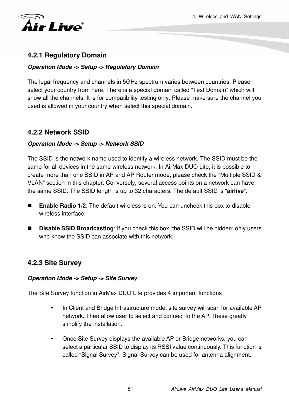1 regulatory domain, 2 network ssid, 3 site survey | AirLive AirMax DUO Lite User Manual | Page 59 / 207