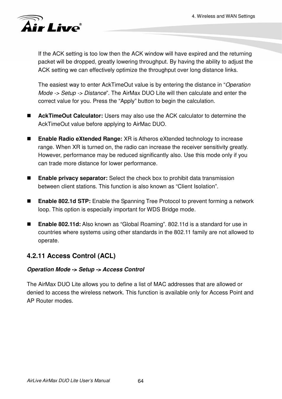 11 access control (acl) | AirLive AirMax DUO Lite User Manual | Page 72 / 207