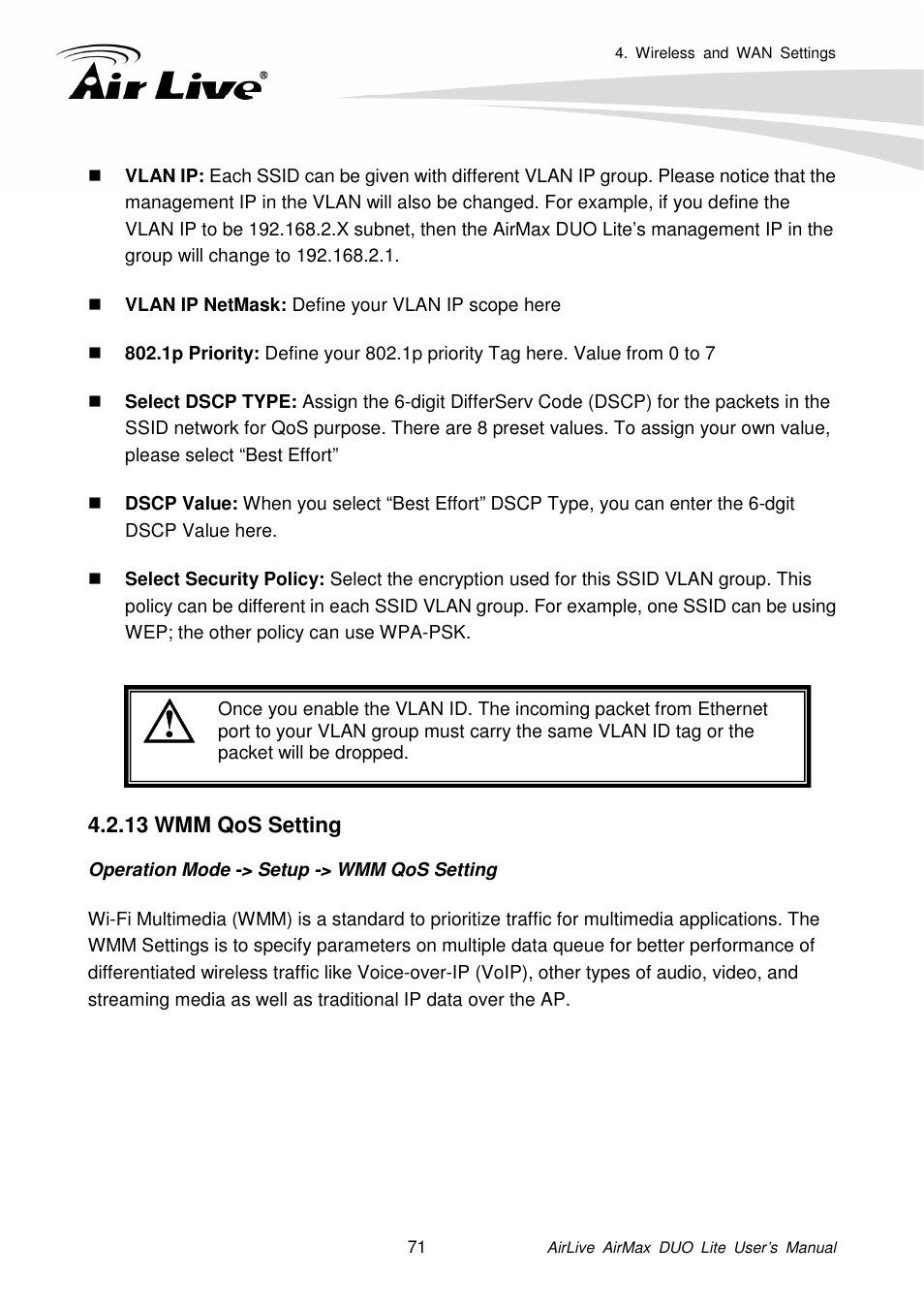 13 wmm qos setting | AirLive AirMax DUO Lite User Manual | Page 79 / 207