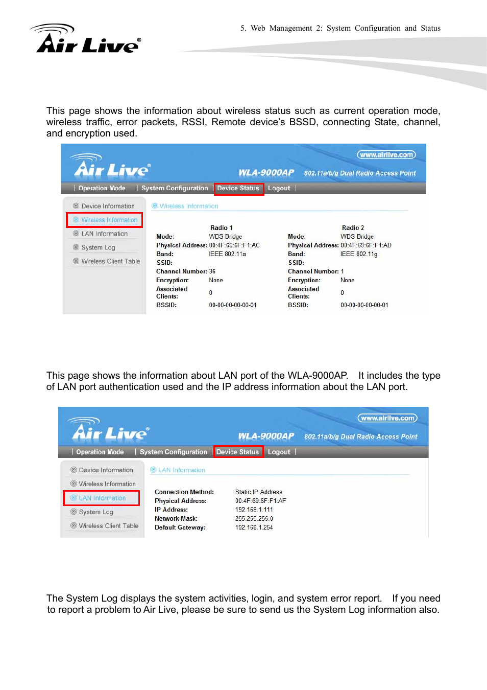 2 wireless information, 3 lan information, 4 system log | AirLive WLA-9000AP User Manual | Page 100 / 171