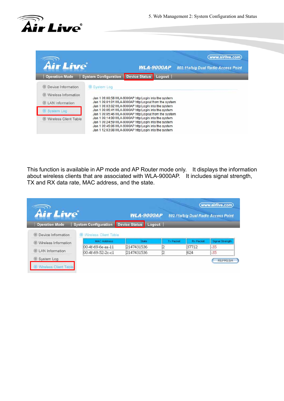 5 wireless client table | AirLive WLA-9000AP User Manual | Page 101 / 171