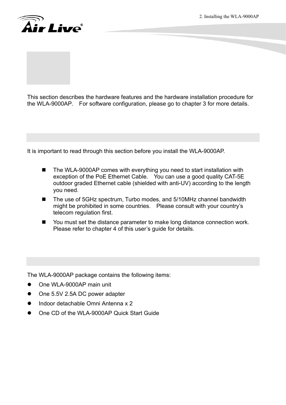 Installing the wla-9000ap, 2 before you start, 3 installing wla-9000ap | AirLive WLA-9000AP User Manual | Page 13 / 171