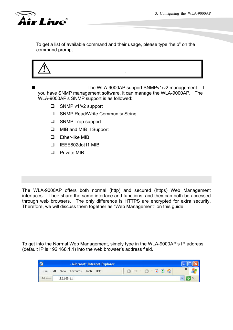 4 introduction to web management, Snmp management, 1 getting into web management | AirLive WLA-9000AP User Manual | Page 24 / 171