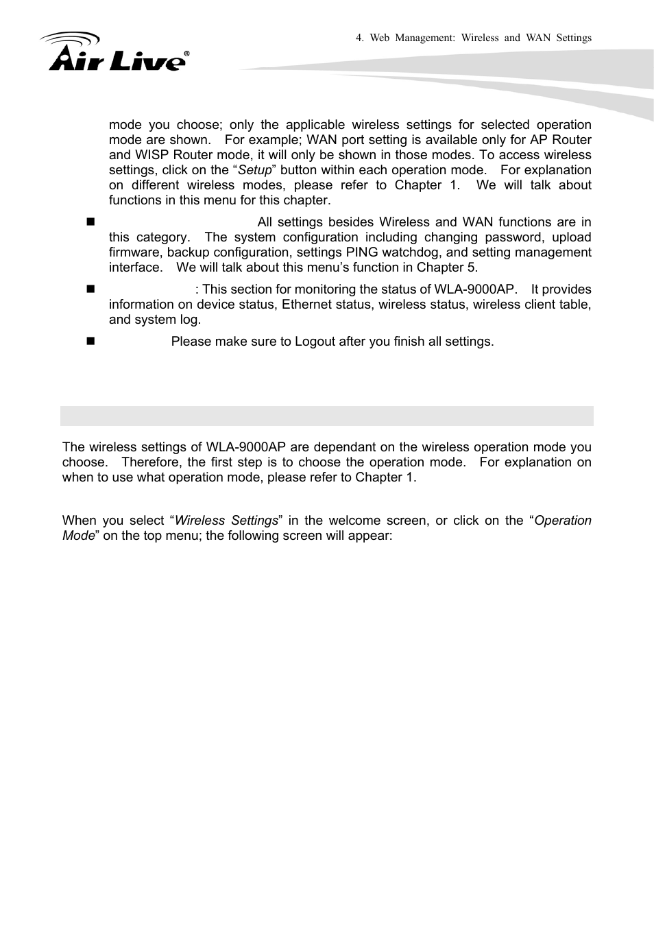 2 operation modes (wireless and wan settings) | AirLive WLA-9000AP User Manual | Page 36 / 171