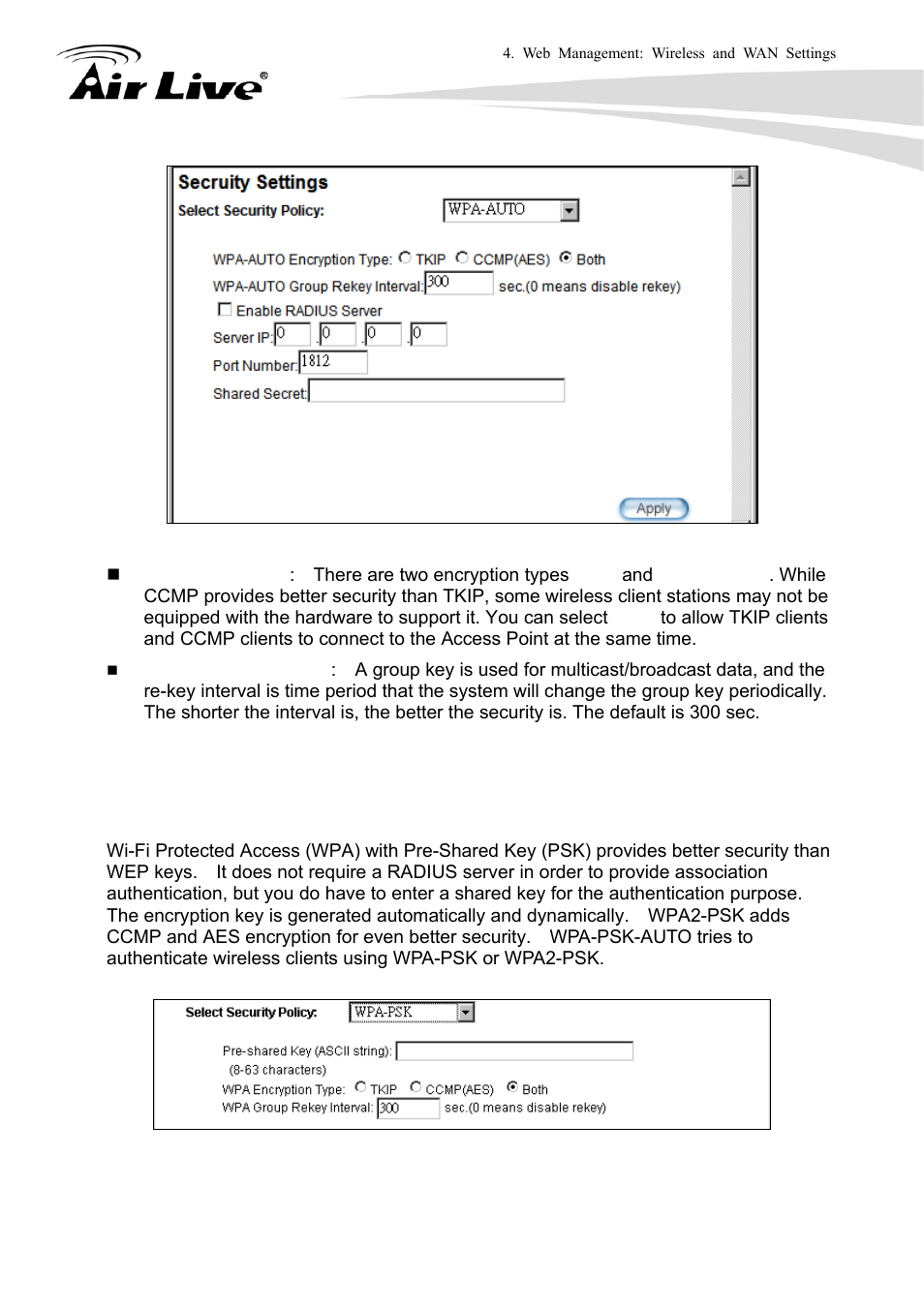 Wpa-psk, wpa2-psk, wpa-psk-auto | AirLive WLA-9000AP User Manual | Page 46 / 171