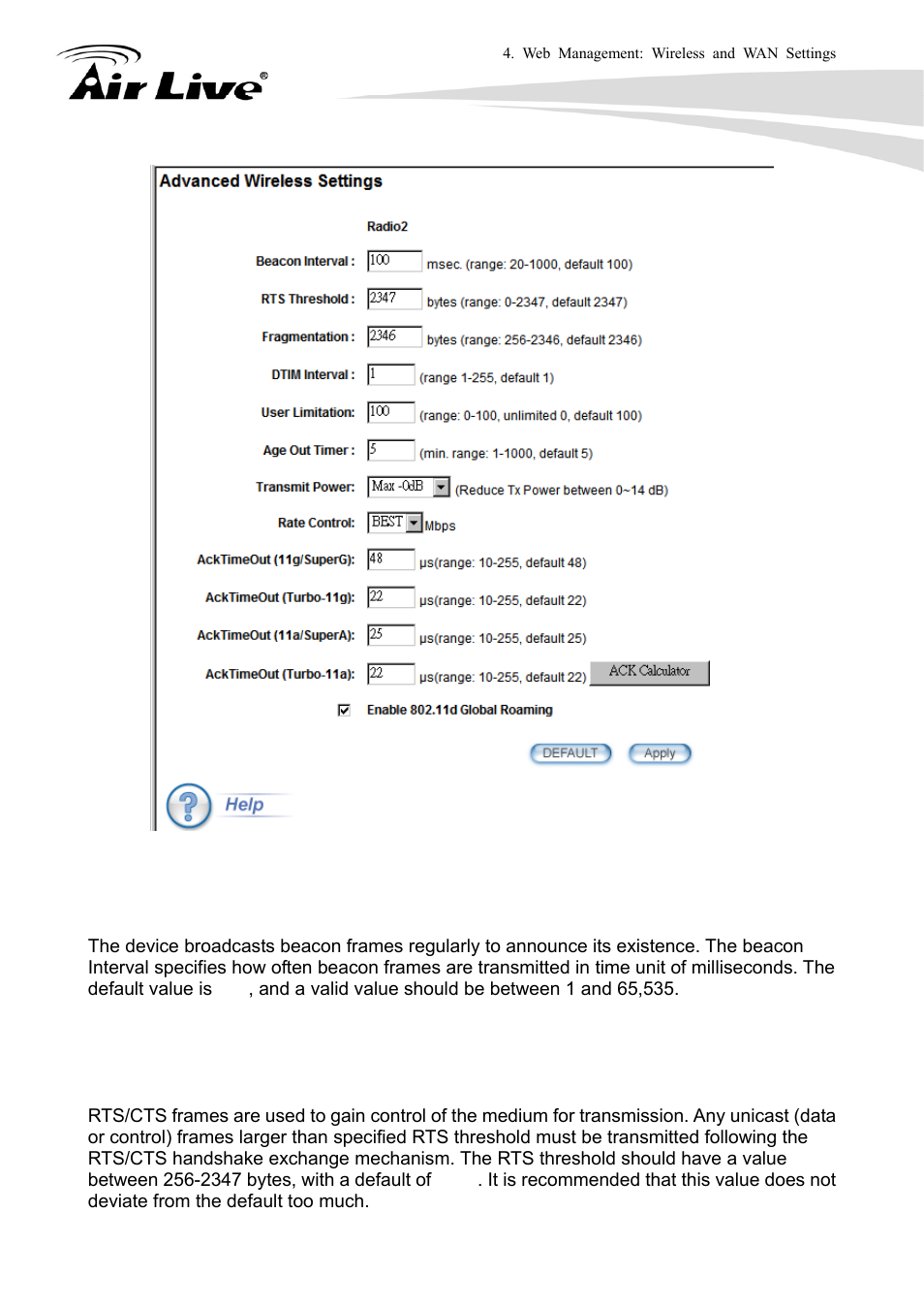 1 beacon interval, 2 rts threshold | AirLive WLA-9000AP User Manual | Page 48 / 171