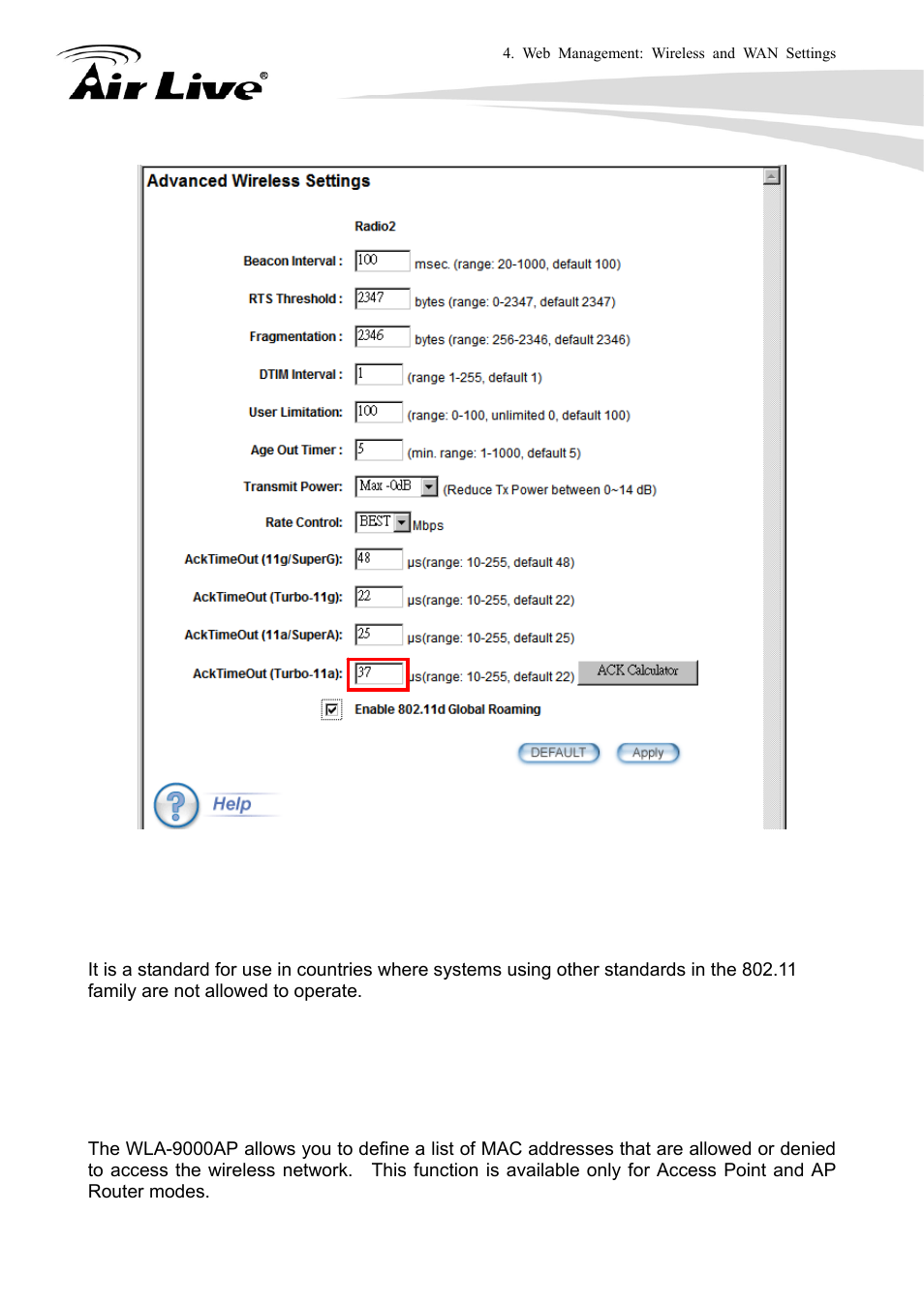 10 enable 802.11d global roaming, 8 access control (acl) | AirLive WLA-9000AP User Manual | Page 52 / 171