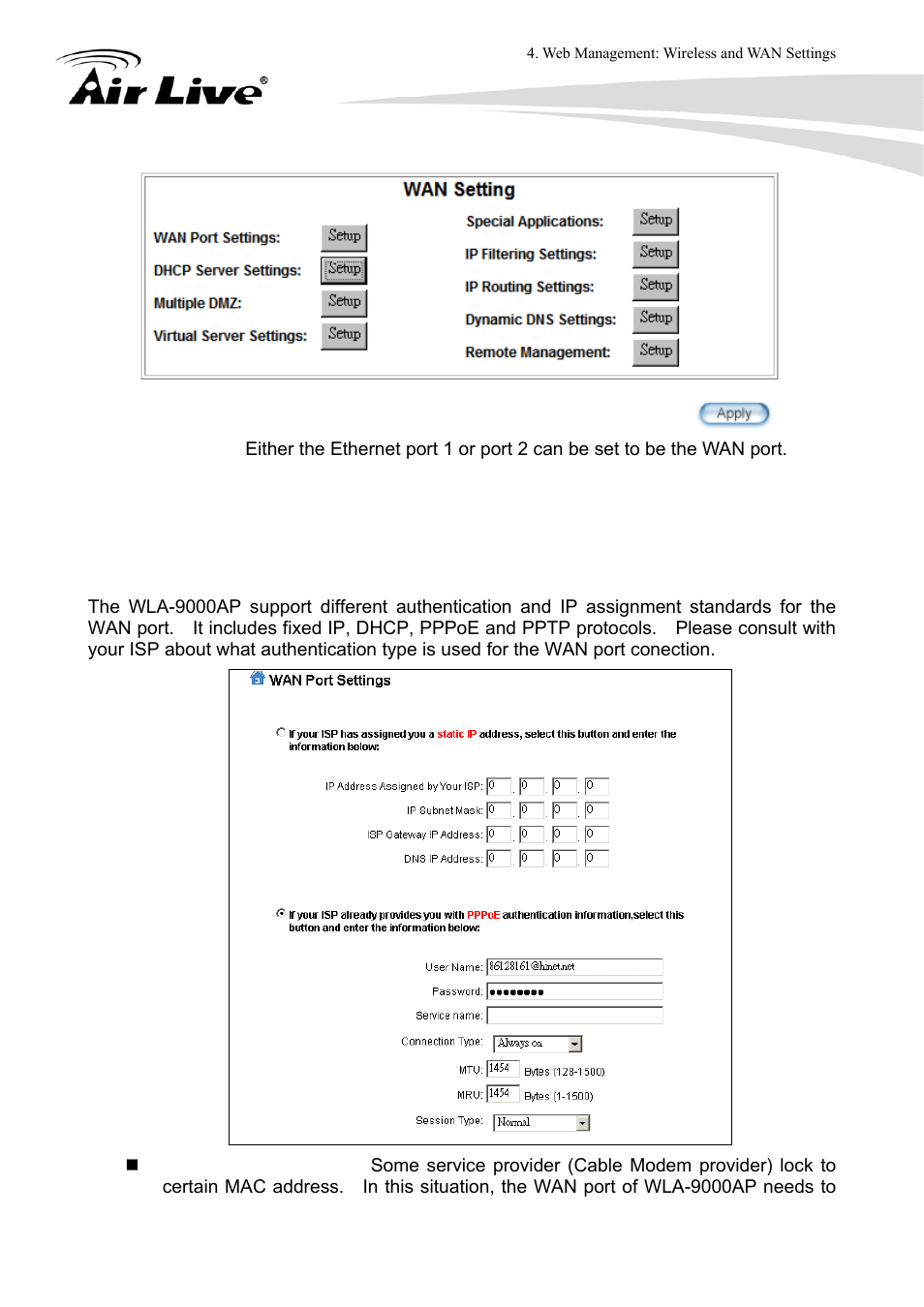 1 wan port settings | AirLive WLA-9000AP User Manual | Page 75 / 171