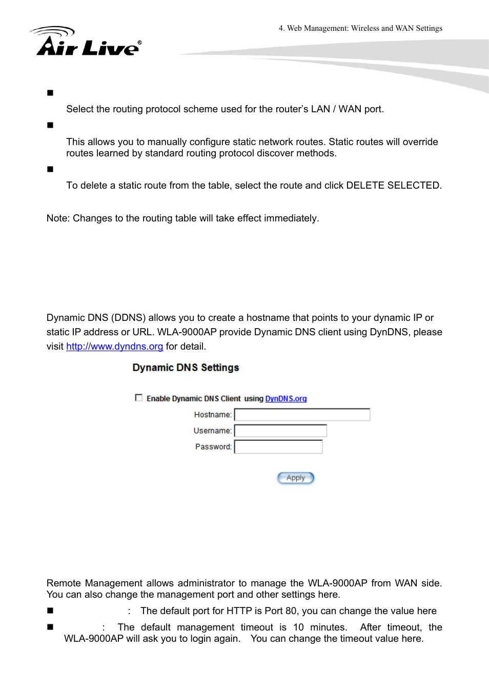 8 dynamic dns settings, 9 remote management settings | AirLive WLA-9000AP User Manual | Page 83 / 171
