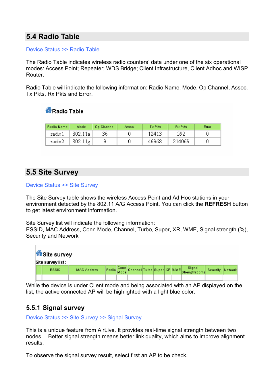 4 radio table, 5 site survey, 1 signal survey | For details, please go to, Section 5.5, Device status>>site, Survey | AirLive WLA-9000AP PCBA User Manual | Page 46 / 53