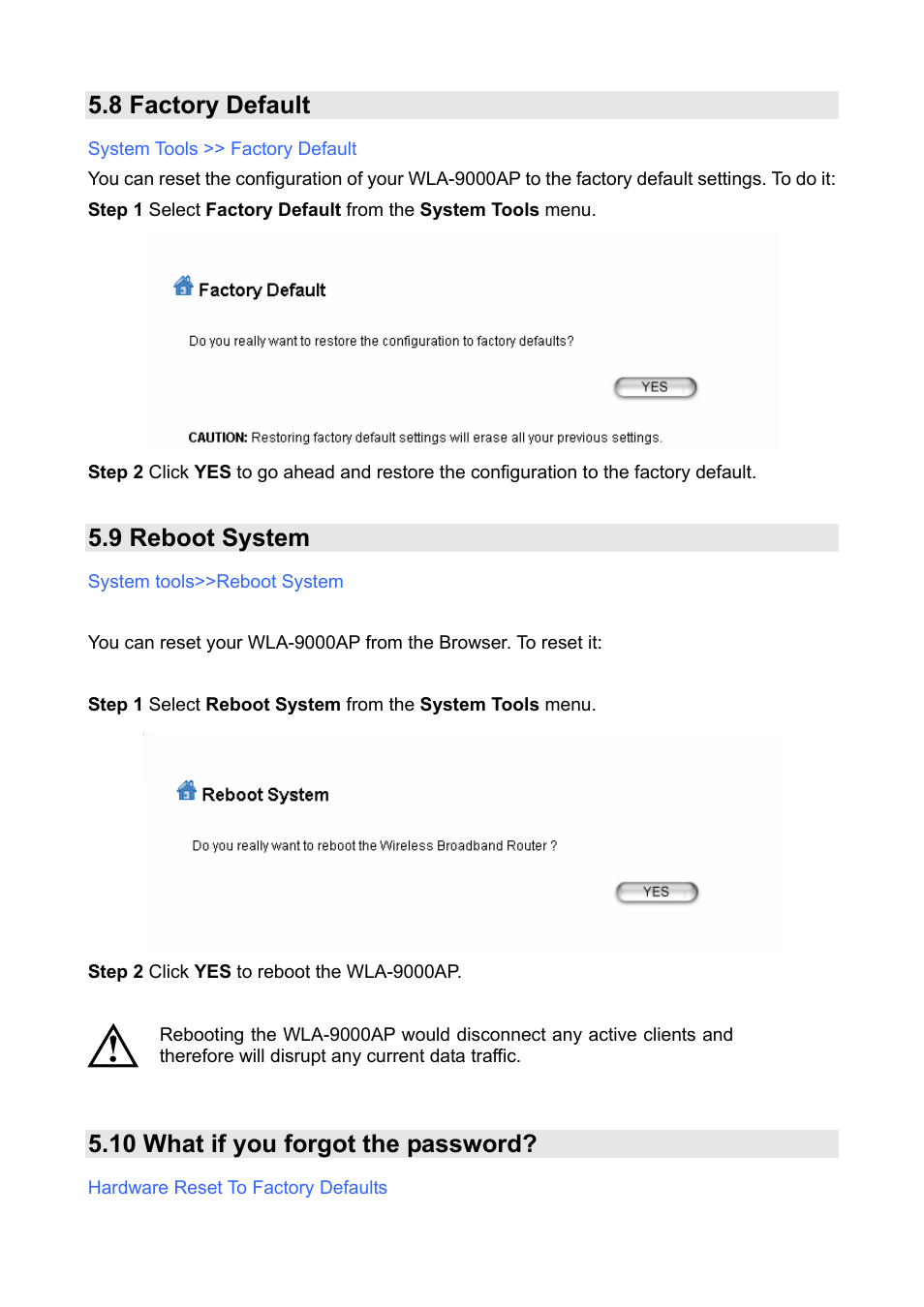 8 factory default, 9 reboot system, 10 what if you forgot the password | AirLive WLA-9000AP PCBA User Manual | Page 50 / 53