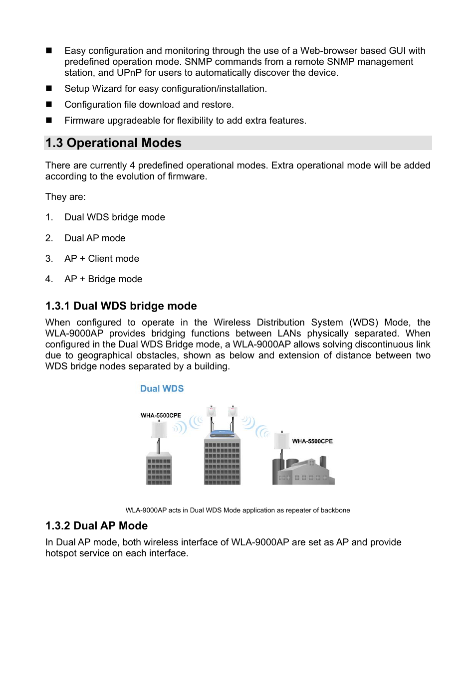 3 operational modes, 1 dual wds bridge mode, 2 dual ap mode | AirLive WLA-9000AP PCBA User Manual | Page 7 / 53