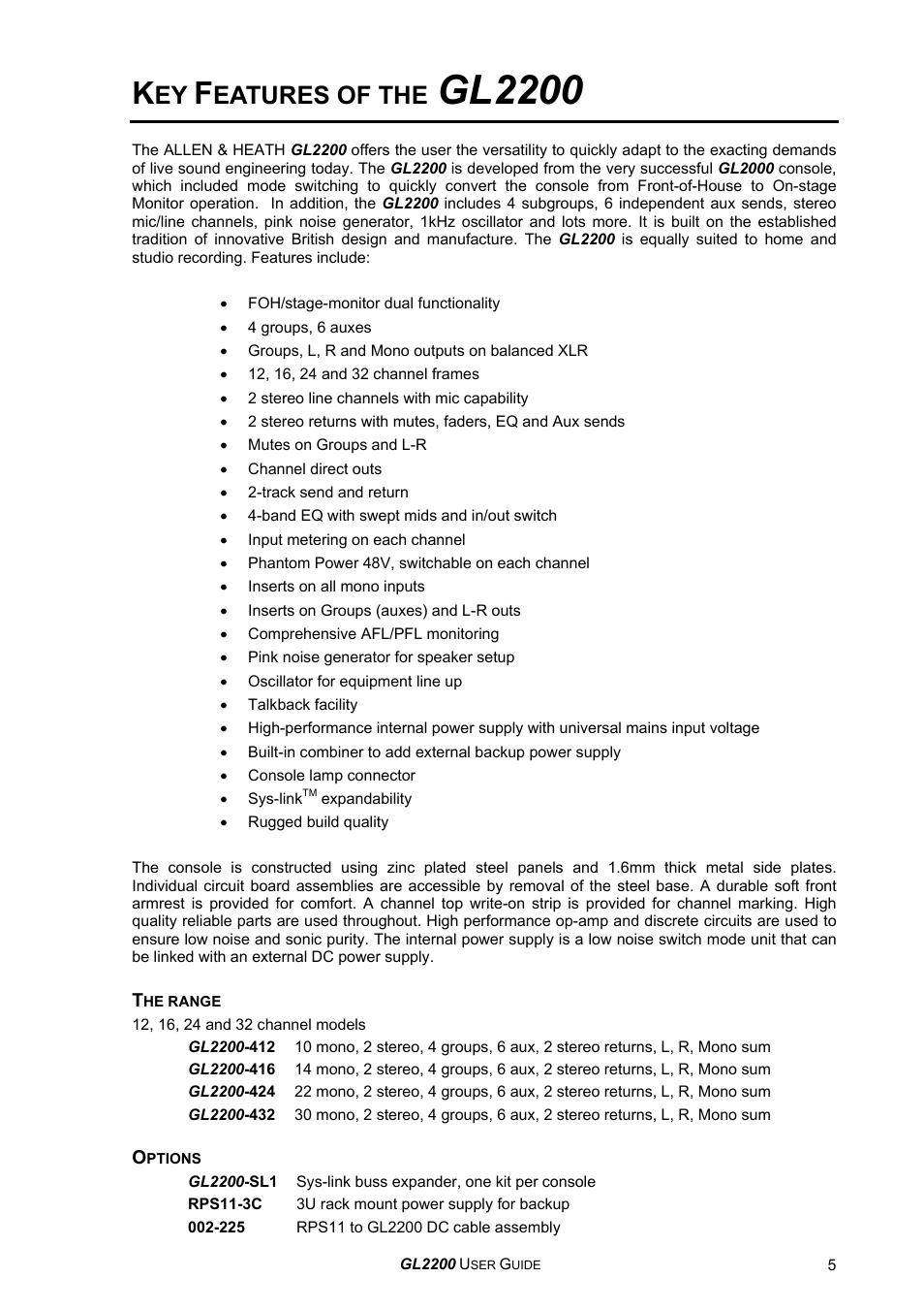 Gl2200, Eatures of the | Allen&Heath GL2200 USER GUIDE User Manual | Page 5 / 28