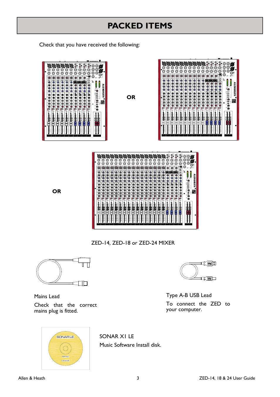 Packed items | Allen&Heath ZED-18 User Manual | Page 3 / 32