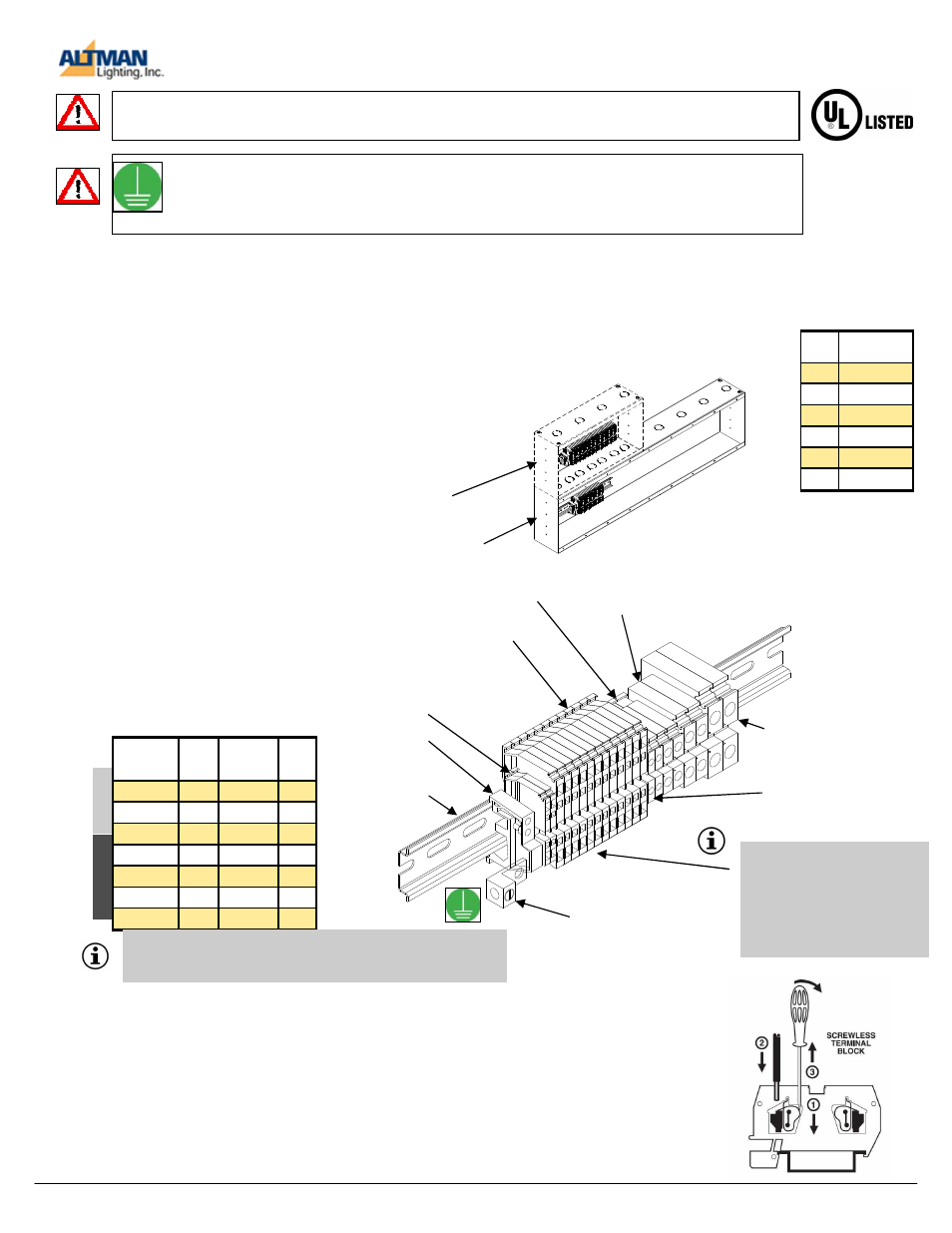 Electrical connections, Terminal block sizes | Altman Lighting 400/450 Series Connector Strip User Manual | Page 5 / 6