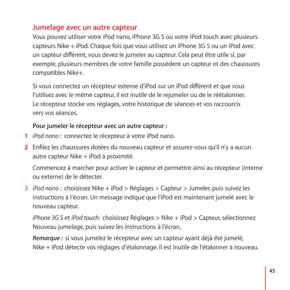 Jumelage avec un autre capteur | Apple Nike + iPod User Manual | Page 45 / 100