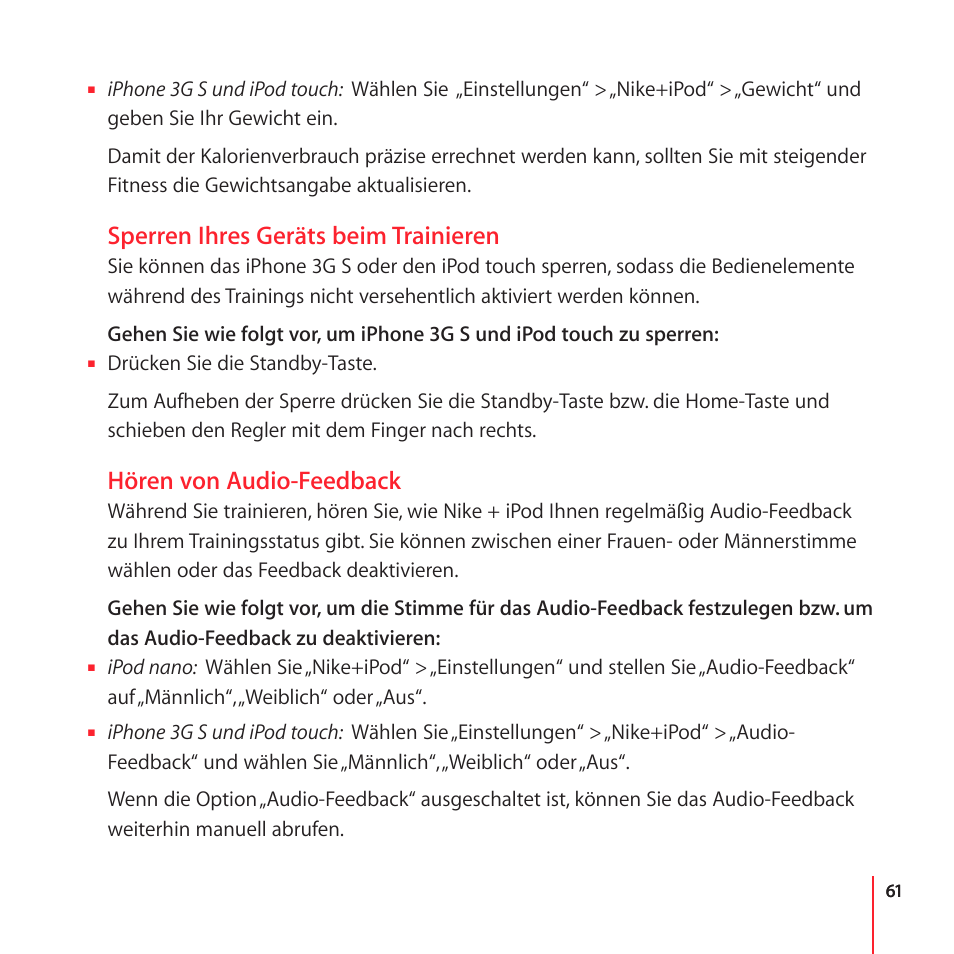 Sperren ihres geräts beim trainieren, Hören von audio-feedback | Apple Nike + iPod User Manual | Page 61 / 100