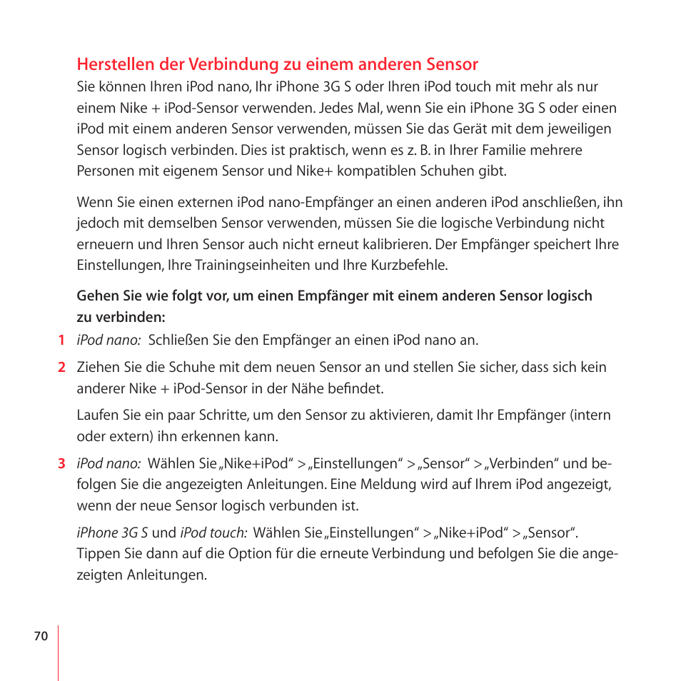 Herstellen der verbindung zu einem anderen sensor | Apple Nike + iPod User Manual | Page 70 / 100