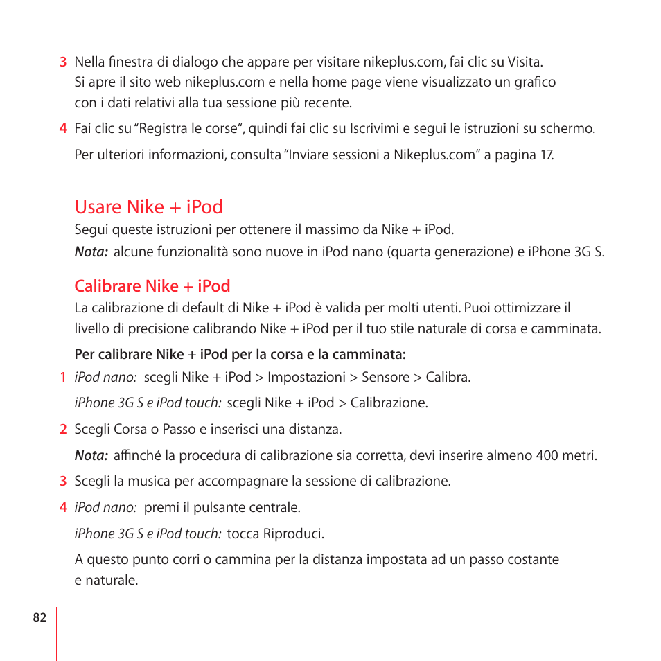 Usare nike + ipod, Calibrare nike + ipod | Apple Nike + iPod User Manual | Page 82 / 100