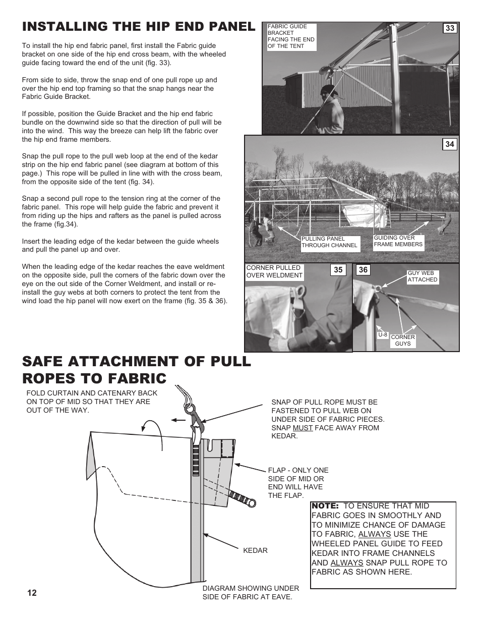 Safe attachment of pull ropes to fabric, Installing the hip end panel | Anchor NAVI-TRAC LITE 20 WIDE User Manual | Page 12 / 21