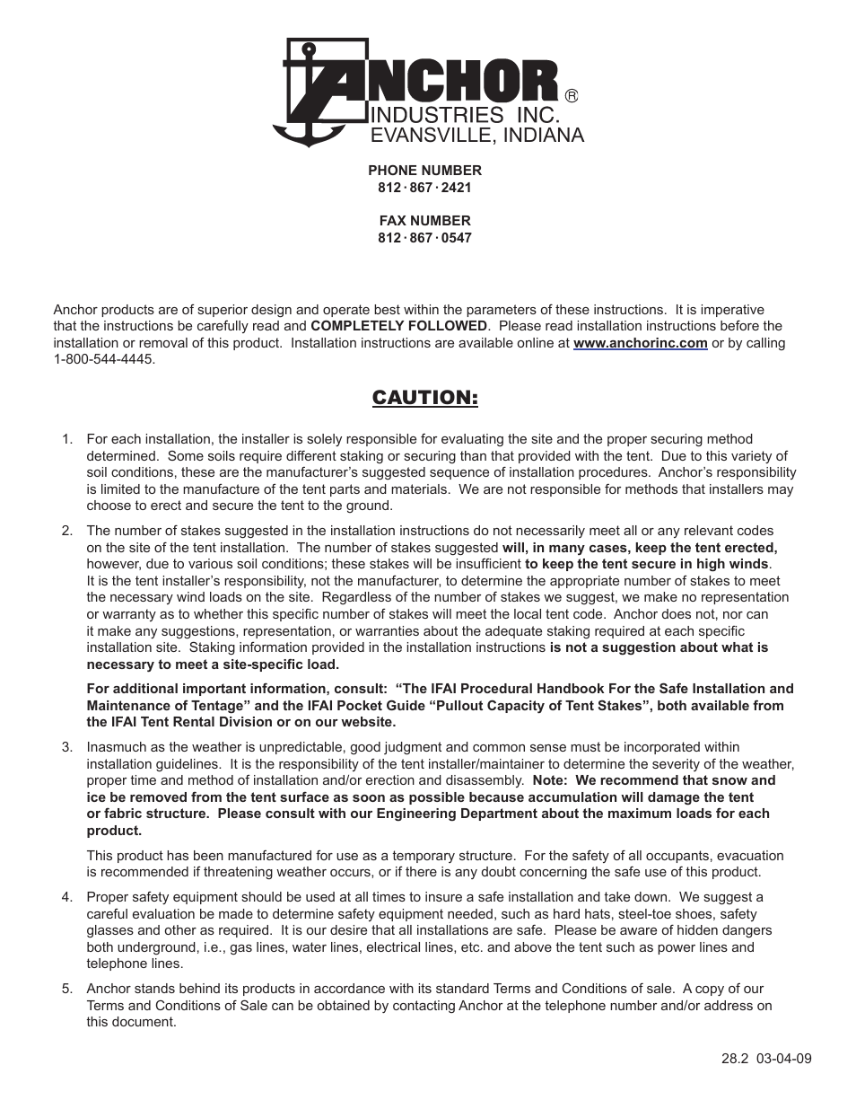 Evansville, indiana, Caution | Anchor CENTURY FRAME TENTS 10X10, 15X15, 5M AND 20X20 User Manual | Page 8 / 8