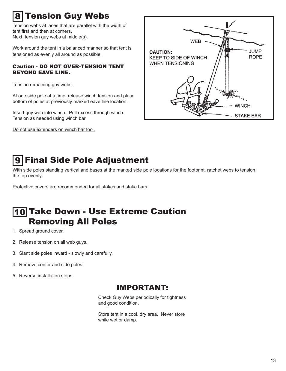 Take down - use extreme caution removing all poles, Tension guy webs, Final side pole adjustment | Important | Anchor CENTURY 100 WIDE, ONE-PIECE User Manual | Page 13 / 14