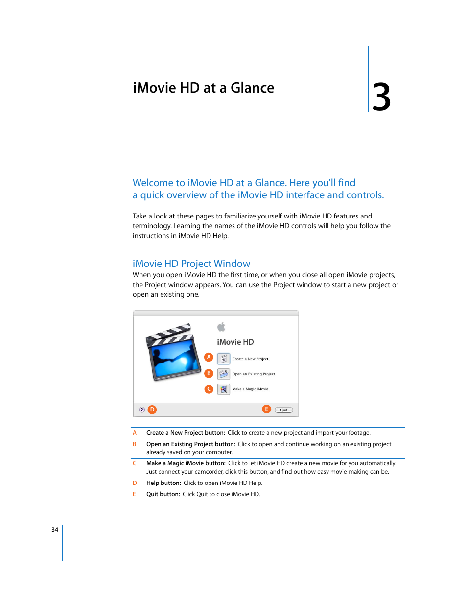 Chapter 3, Imovie hd at a glance, Imovie hd project window | Apple iMovie HD User Manual | Page 34 / 47