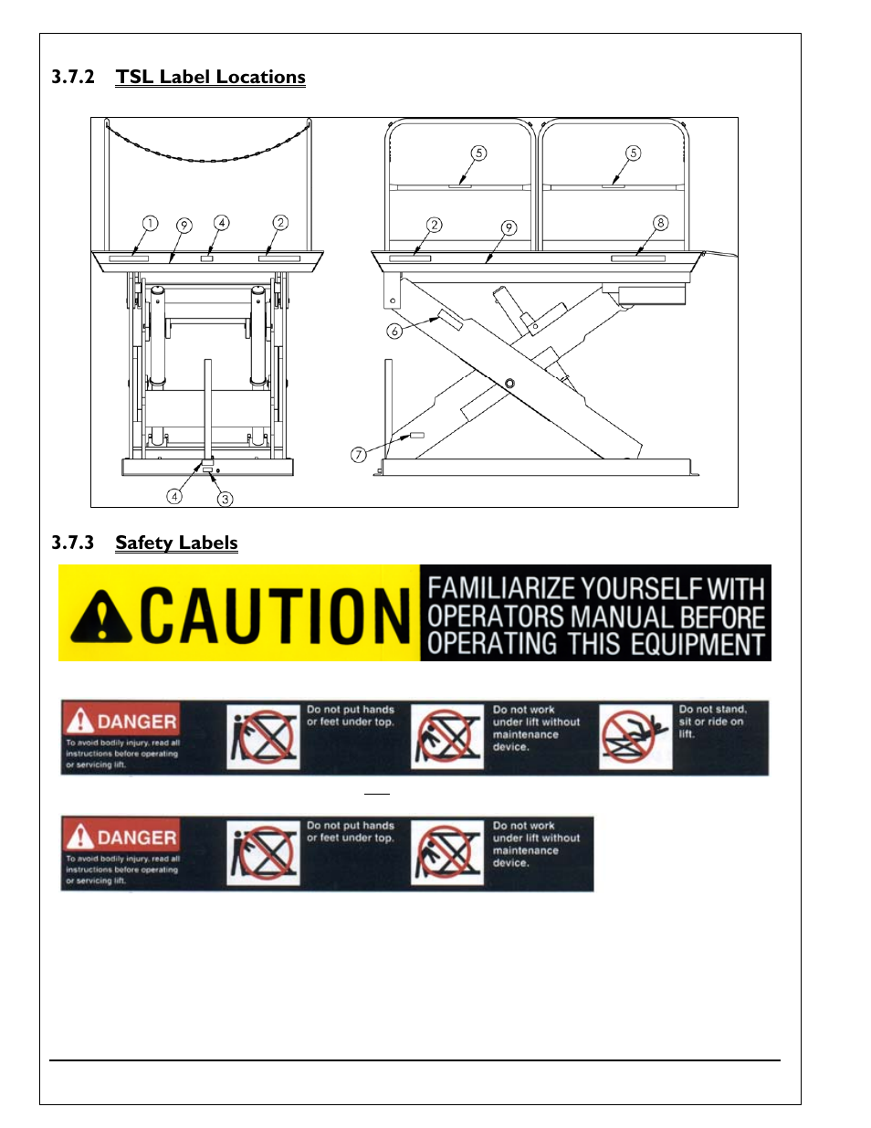 2 tsl label locations, 3 safety labels | Autoquip SUPER TITAN DOUBLE LONG User Manual | Page 14 / 52