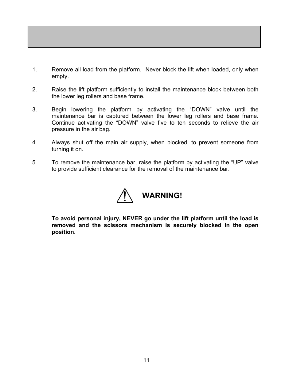 Lift blocking instructions, Warning | Autoquip ABS AIR BAG LIFT User Manual | Page 11 / 21