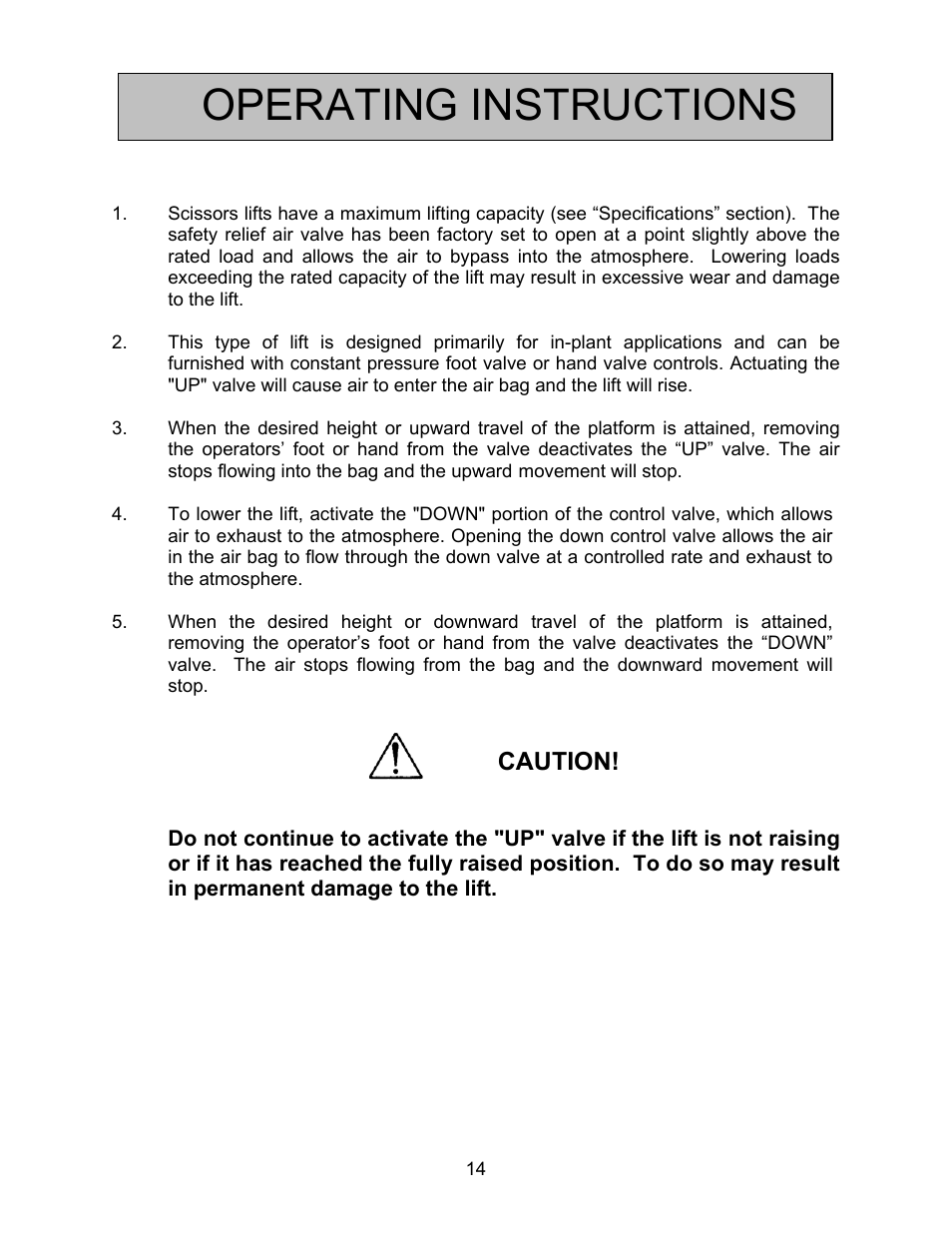 Operating instructions | Autoquip ABS AIR BAG LIFT User Manual | Page 14 / 21