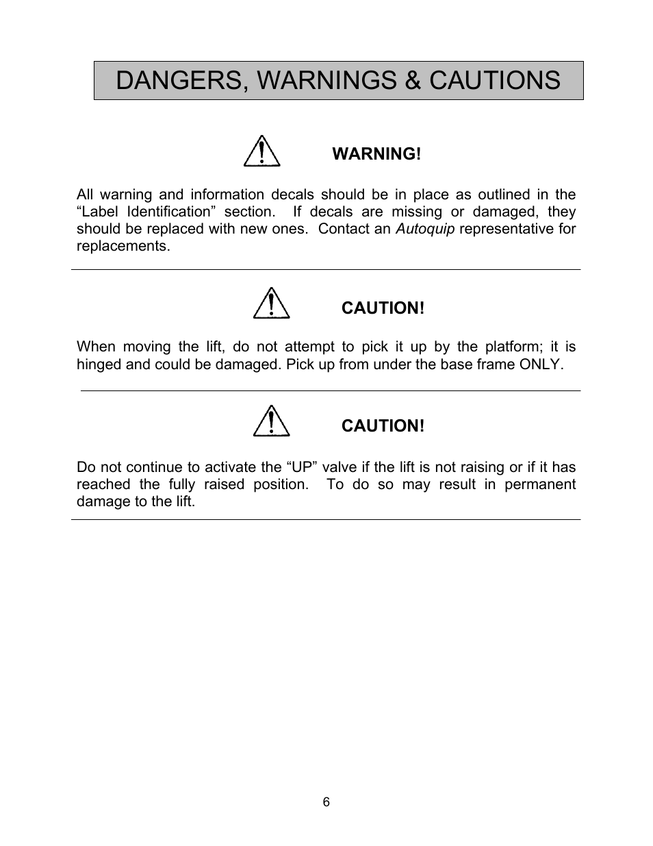 Dangers, warnings & cautions | Autoquip ABS AIR BAG LIFT User Manual | Page 6 / 21