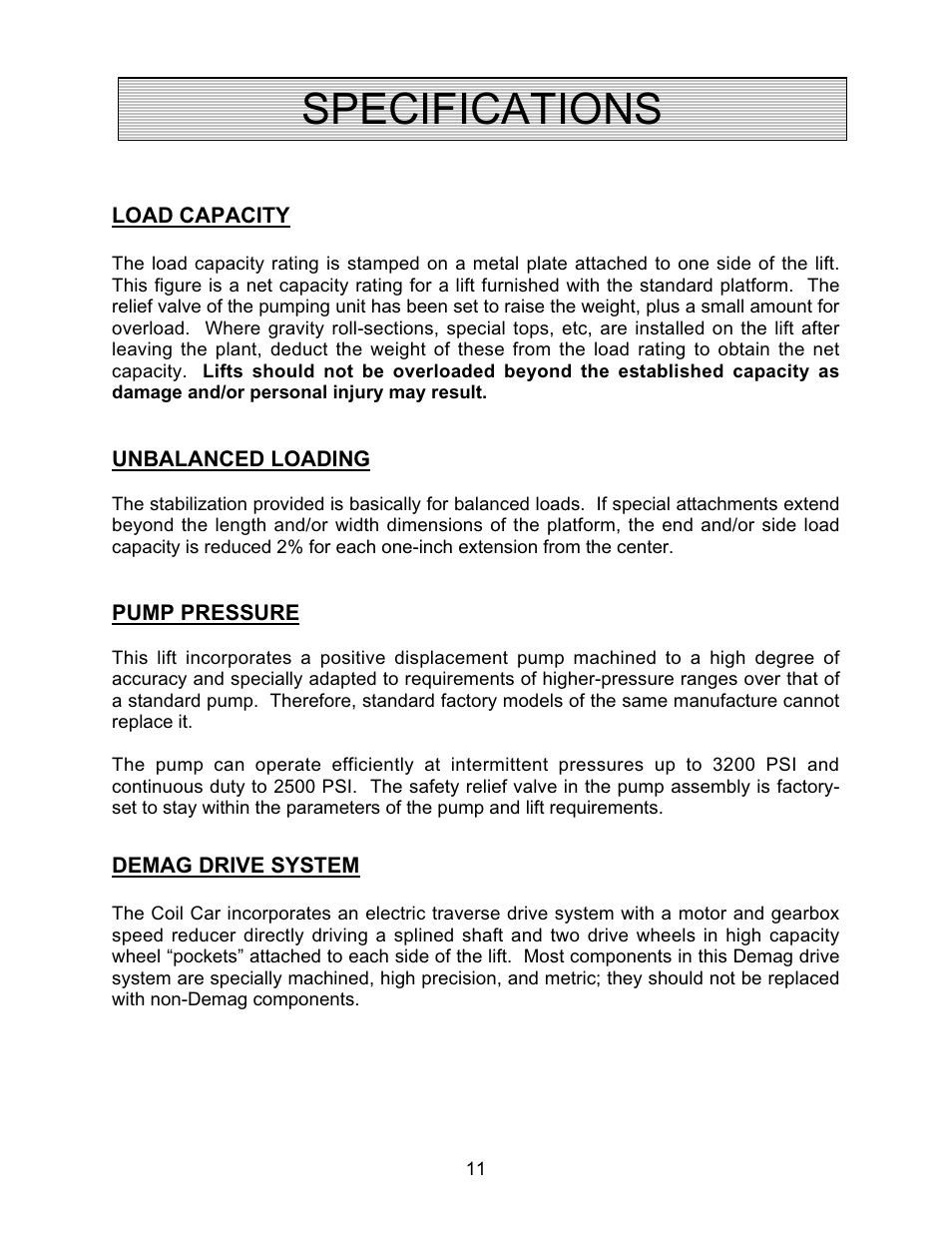 Specifications | Autoquip COIL TRANSFER CARS User Manual | Page 11 / 36