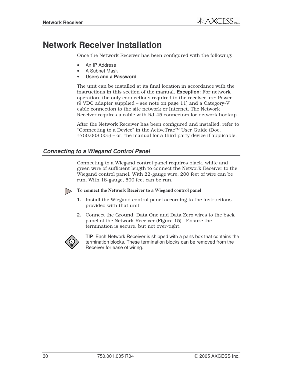 Network receiver installation | Axcess Network Receiver Installation Guide User Manual | Page 30 / 63