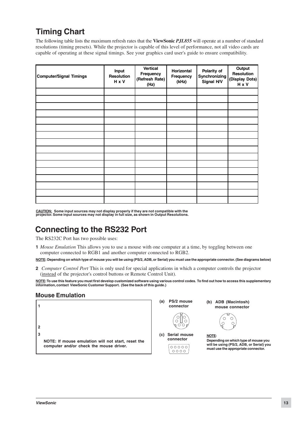 Timing chart, Connecting to the rs232 port, Mouse emulation | The rs232c port has two possible uses | VIEWSONIC PJL855 Office Theater User Manual | Page 14 / 19