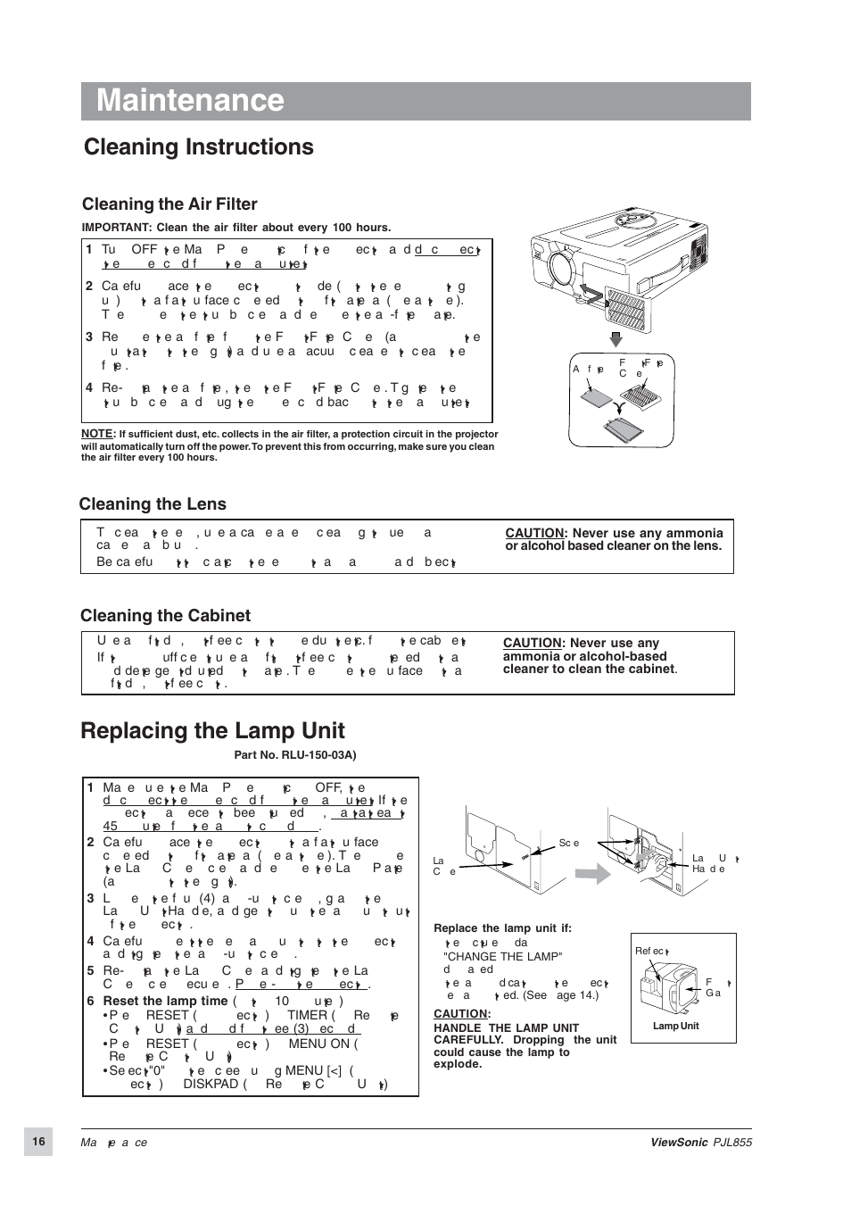Maintenance, Replacing the lamp unit, Cleaning instructions | Cleaning the air filter, Cleaning the cabinet, Cleaning the lens | VIEWSONIC PJL855 Office Theater User Manual | Page 17 / 19