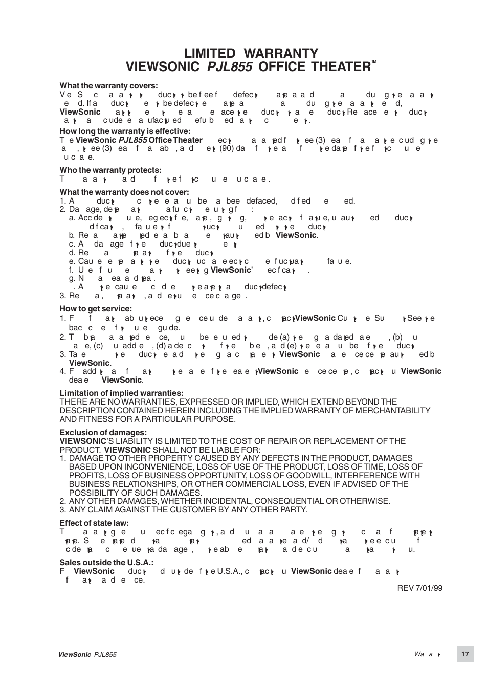 Pjl855, Limited warranty viewsonic, Office theater | VIEWSONIC PJL855 Office Theater User Manual | Page 18 / 19
