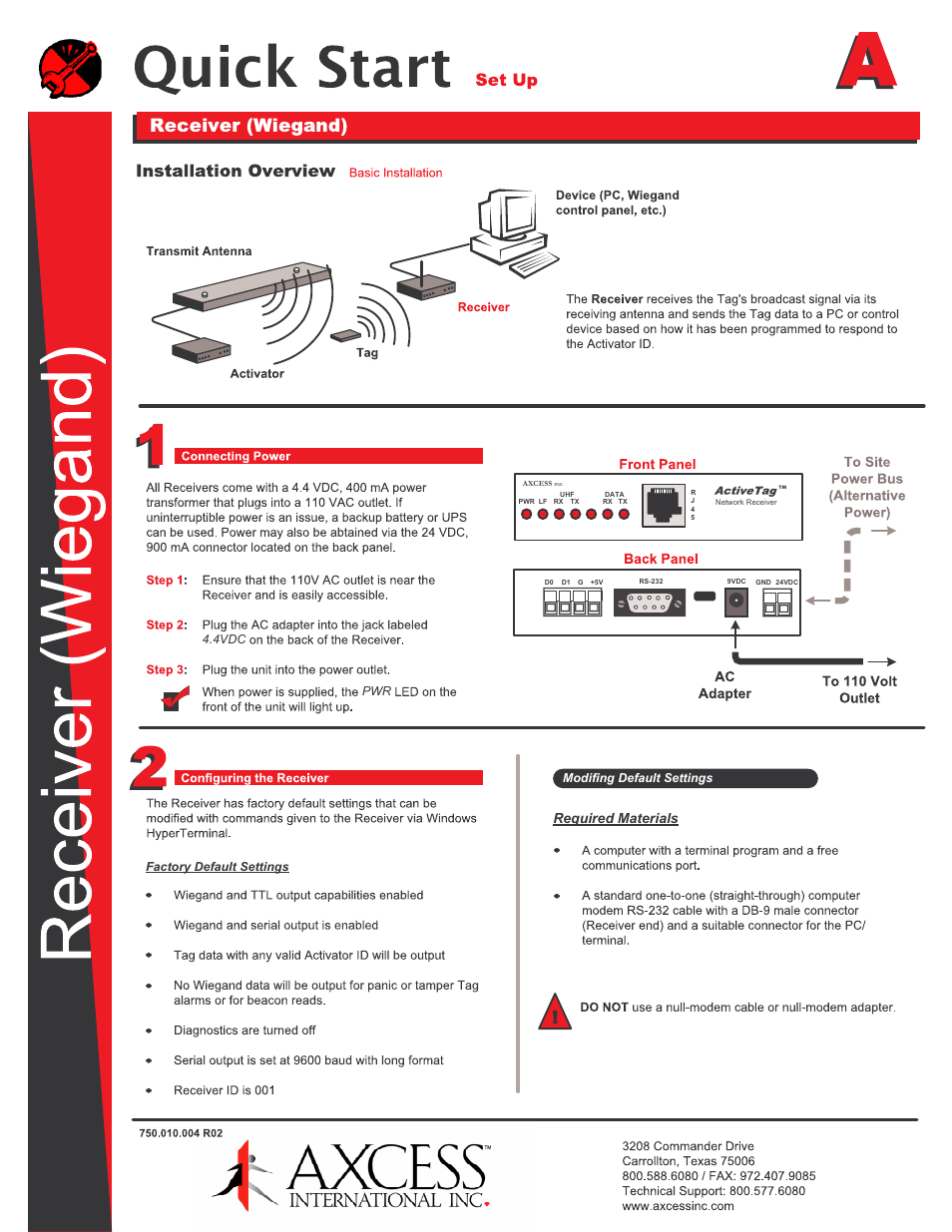 Axcess Network Receiver Wiegand Quick Start User Manual | 2 pages